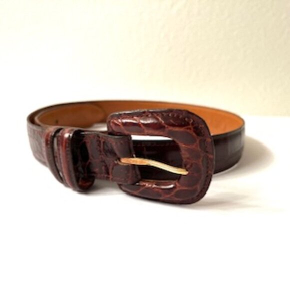 Joan & David u.s.a  Women Brown Calfskin Embossed Croc Pattern Leather Belt - Picture 1 of 4